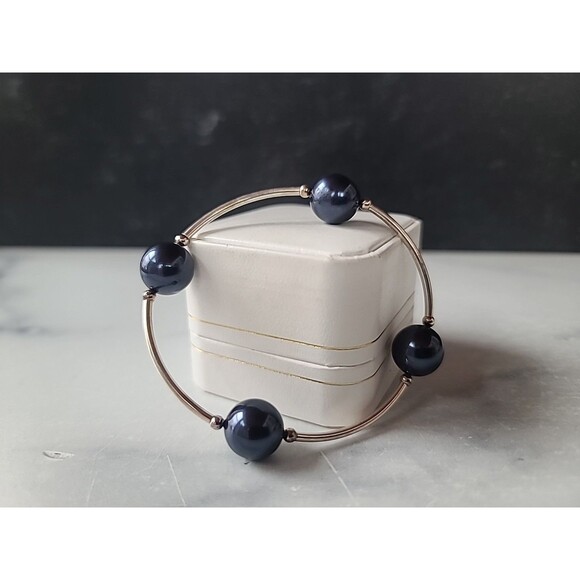 925 Sterling Silver Faux Blue Pearl Beaded Bangle Bracelet Vintage - Picture 3 of 10